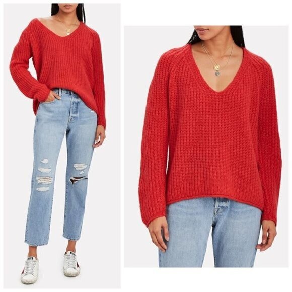 Rag‎ & Bone Joseph V-Neck Sweater Bright Coral, Size M - Picture 2 of 12